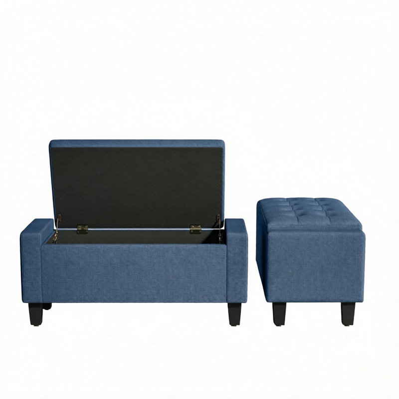 Banc ottoman de rangement avec accoudoirs capitonnés et pieds en bois pour entrée, chambre ou salon, Bleu