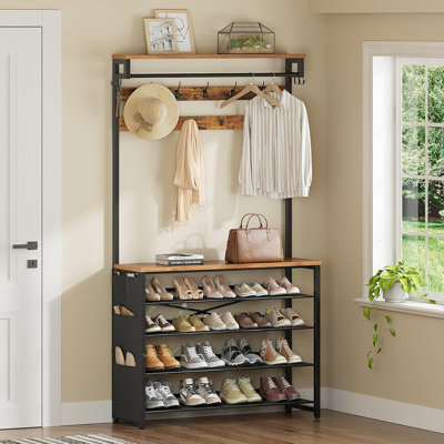 Portemanteau avec banc et rangement pour chaussures - Portemanteau pour vestibule avec range-chaussures à 5 niveaux, poches latérales en tissu et tablettes en filet réglables [Brun rustique] - [Bois / Rustique / Hall d'entrée]
