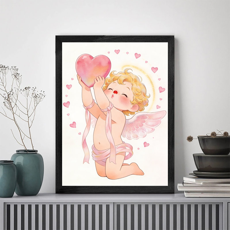 Noir encadré rétro Saint-Valentin - Adorable et charmante impression d'art de Cupidon, H 17 po x l 13 po