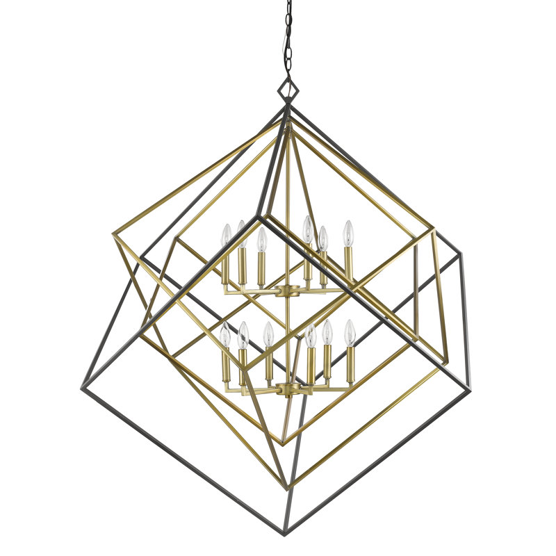 Lustre géométrique unique Goulart, Vieux laiton / bronze, 12, H 50,5 po x l 47,5 po x P 47,5 po