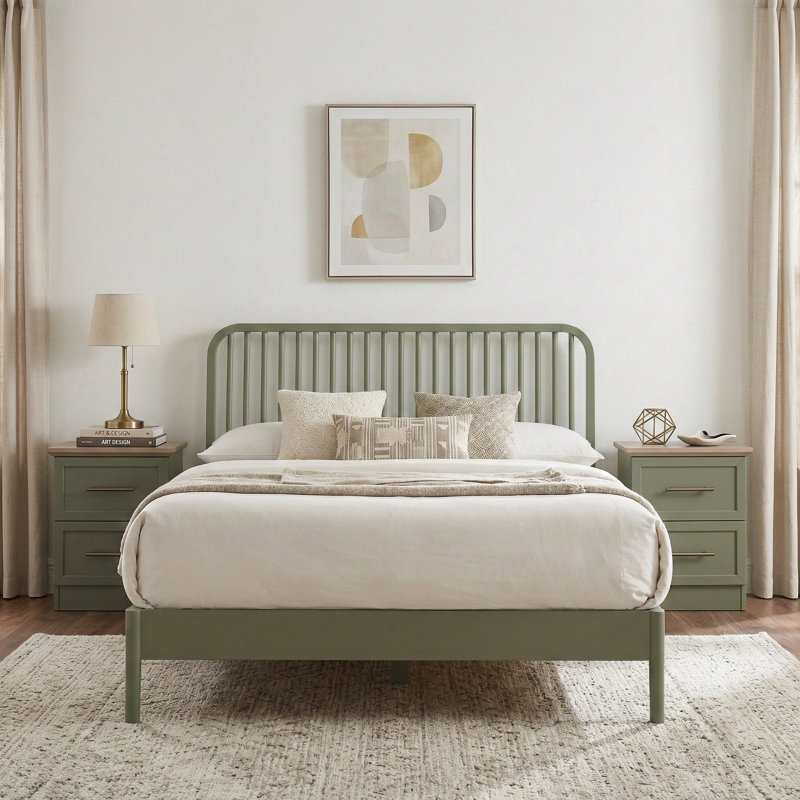 Solid Bed Pair with Bedside Table 2 Piece Bedroom Set, Kale Green