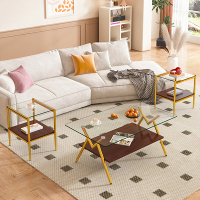 Coffee Table And End Tables Set Of 3, Tempered Glass Table With MDF Layer, Modern Tables For Living Room , Transparent Glass