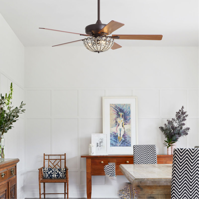 Ventilateur de plafond couleur café de 52 pouces avec lumière en cristal et télécommande, avec 5 pales en contreplaqué, design rétro, moteur à courant continu réversible (ampoules non incluses)