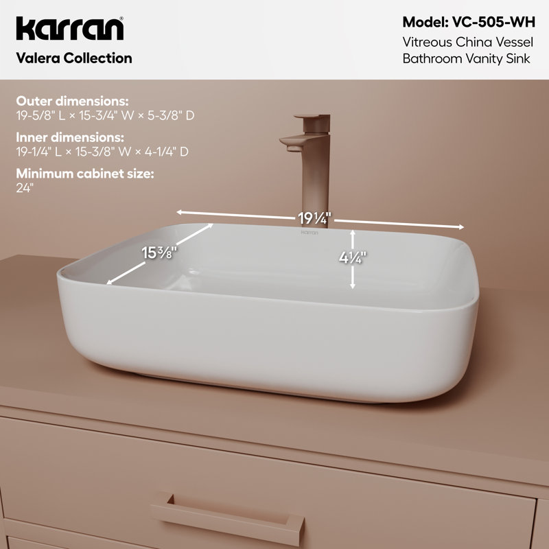 Karran Valera Lavabo de salle de bain vasque rectangulaire en porcelaine vitreuse