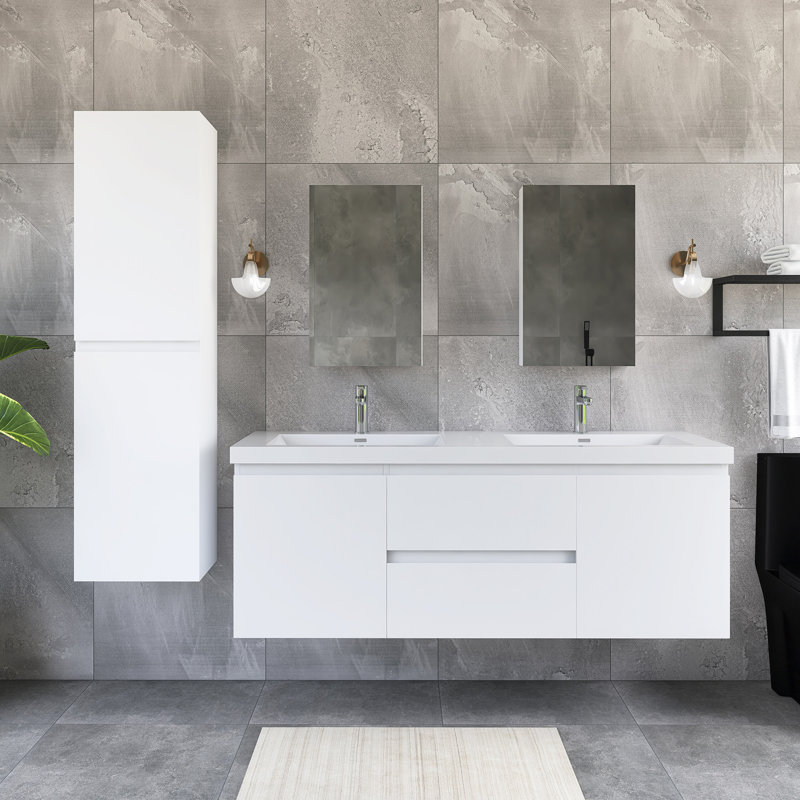 Ensemble de meuble-lavabo double 60 po avec plateau en résine 60 po, Blanc