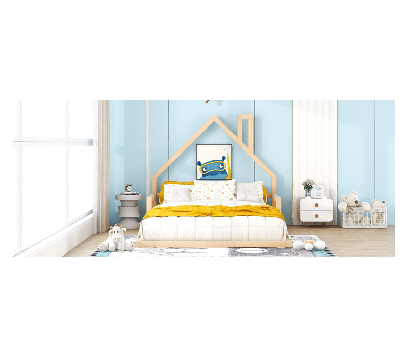 Structure de lit double Montessori avec tête de lit cheminée, lit en bois de pin massif pour enfants