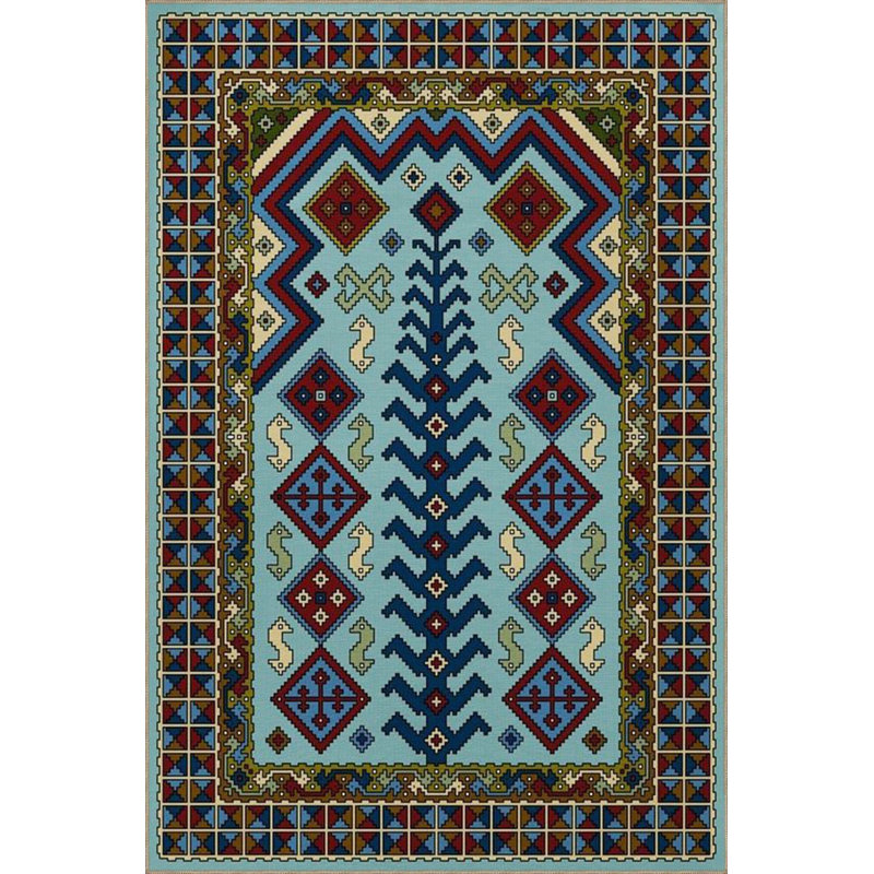 Tapis tissé bleu lavable à motif d'arbre traditionnel, Tapis de couloir 3 pi 3 po x 9 pi 10 po