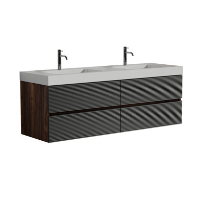 Meuble-lavabo Grace en noyer avec lavabo à surface solide blanc brillant et tiroirs noirs doux, meuble-lavabo mural flottant pour salle de bain moderne, lavabo une pièce blanc brillant, pré-assemblé
