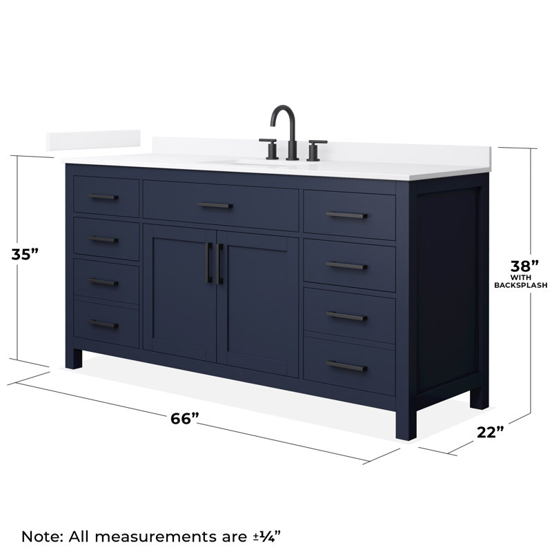 Beckett 66" Freestanding Single Bathroom Vanity with Quartz Top, White Quartz, Dark Blue, Matte Black