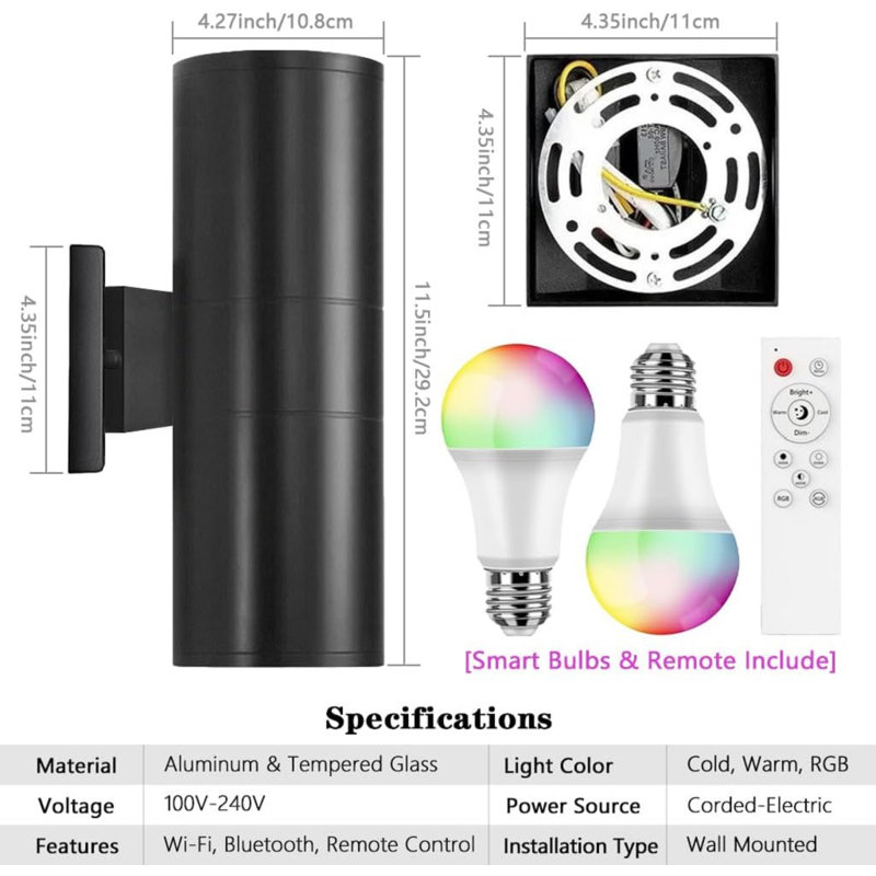 Smart Porch Light Wifi RGB Outdoor Wall Lights 2 Pack, Dimmable Cylinder Exterior Lighting Fixture App Control With Remote, No Hub Required Outdoor Sconce For Doorway Theater Garage, ETL Listed