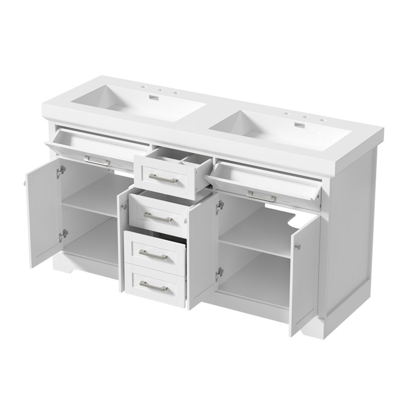 59-Inch Double Sink Bathroom Vanity with SMC Sinks, MDF Cabinet, 4 Doors, 1 Divided Drawer, 2 Storage Drawers, 2 Flip Drawers, Soft-Close Doors and Drawers