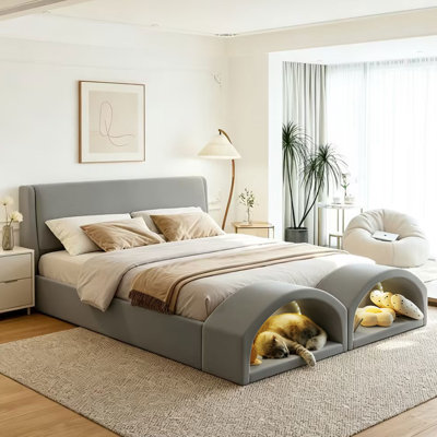 Structure de lit moderne tapissier avec deux grottes pour chat, nids pour animaux de compagnie éclairés à DEL au pied de lit