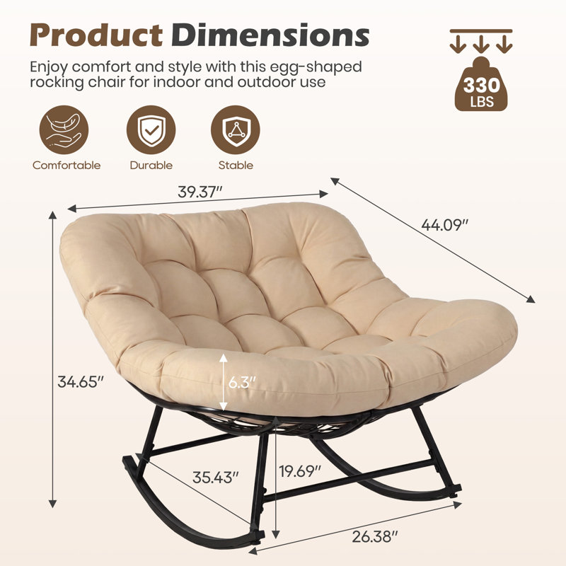 Fauteuil à bascule 2 pièces en métal, chaise longue moderne d'intérieur / extérieur avec coussins ergonomiques épais de 6,29 po (kaki)