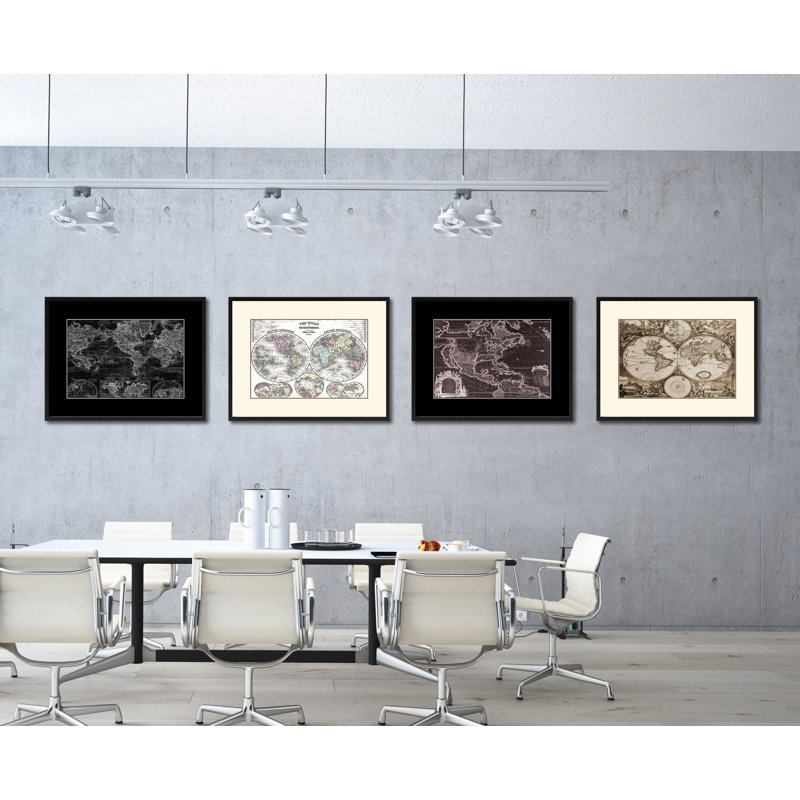 Carte du monde océanique, impression monochrome sur toile avec cadre noir, 28 x 37, H 16 po x l 21 po