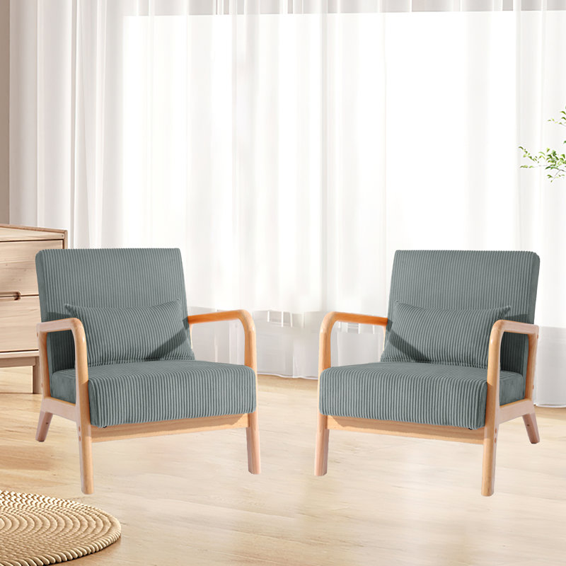 Jyrin 66Cm Wide Armchair, Dark Brown Wood, Light Blue Corduroy