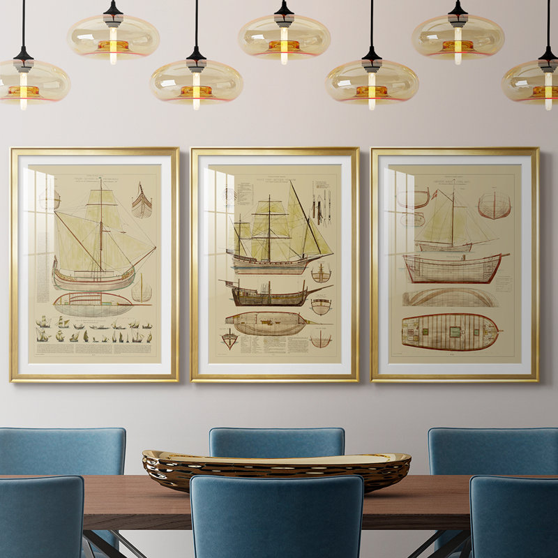 Antique Ship Plan I - Impression personnalisée de qualité supérieure avec cadre mat - 3 pièces, H 21 po x l 30 po