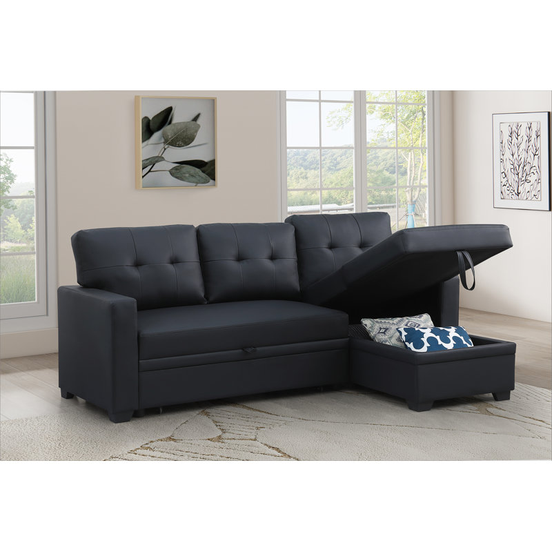 Canapé modulaire convertible rembourré avec méridienne coulissante, Orienté à droite, Lin noir