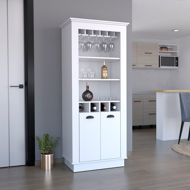 Bar avec support pour 4 bouteilles, porte-verre supérieur et porte double, Blanc