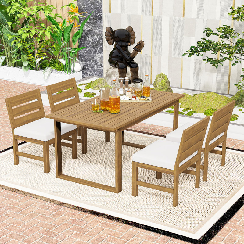 Ensemble de salle à manger 5 pièces en bois d'acacia avec chaises rembourrées pour la cour, le balcon ou la piscine, Beige