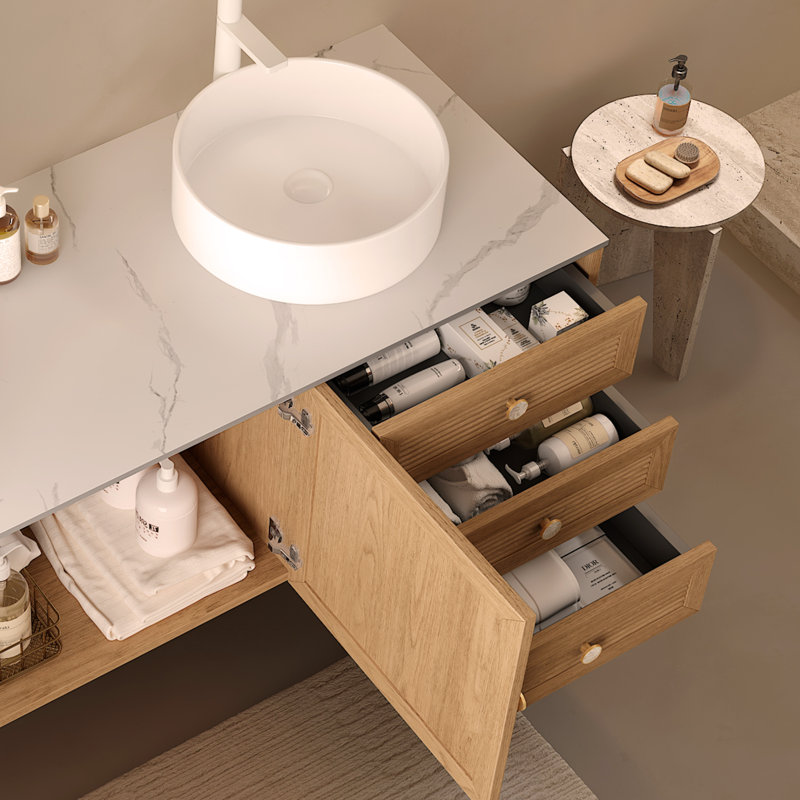 Meuble-lavabo de 60 po avec 2 lavabos, armoire de rangement autoportante en contreplaqué avec 5 pieds en métal, 3 tiroirs à fermeture douce et 2 portes
