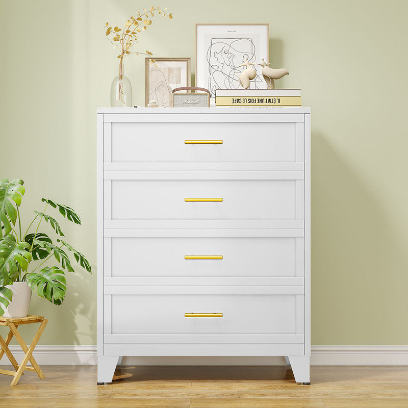WINIOWA Metal Modern 4 Drawer Dresser Chest Storage Cabinet For Bedroom, White