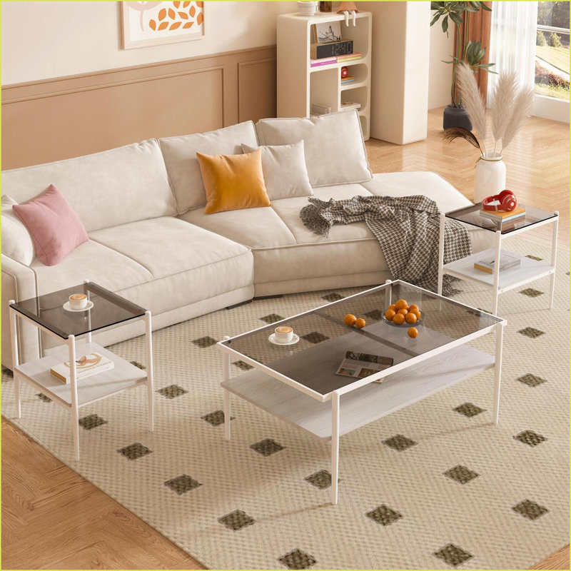 3 pièces en verre trempé gris moderne et amp; Ensemble de tables de bout pour le salon, facile à nettoyer et amp; Peu encombrant