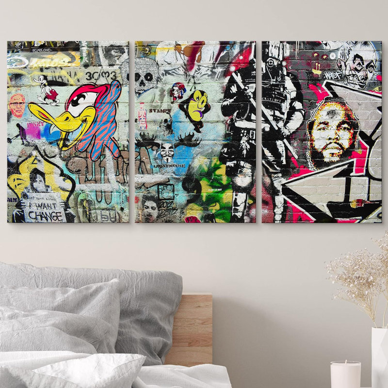Pop Art iconographie des années 80, triptyque graffiti et art urbain, pittoresque, urbain, multicolore, 3 pièces
