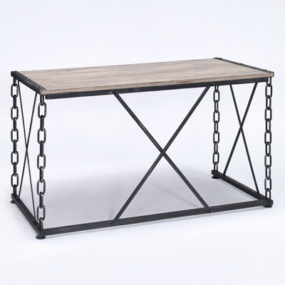 Rustic Oak And Antique Black Writing Desk - Elegant Office Decor Rectangular Stable With Metal Base
