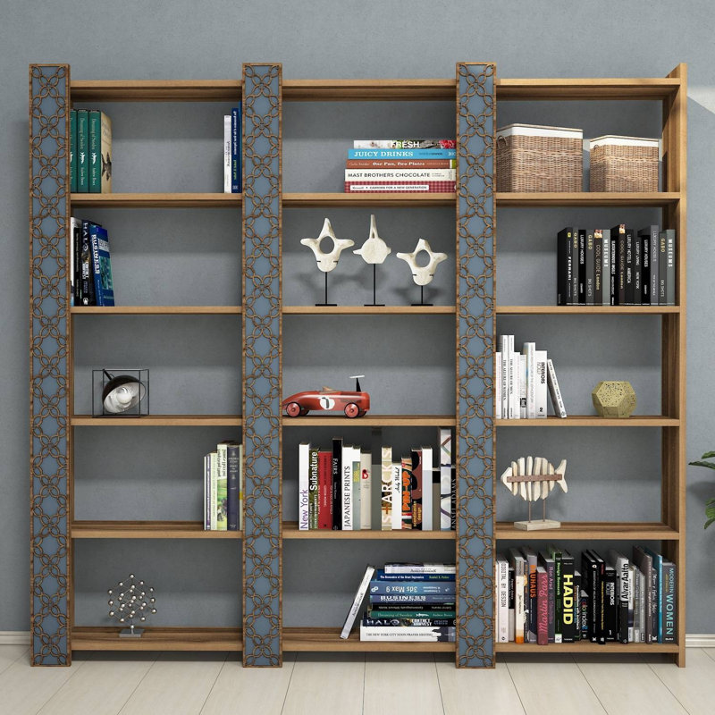 Elegant Geometric Bookshelf, Walnut & Chalcedony Finish, 72.7 x 66.9 x 9.5 inches | 100% Melamine Coated Particle Board, 0.7 inches Thick | Multiple Shelves, Wall-Mountable, Stylish & Functional Storage Solution