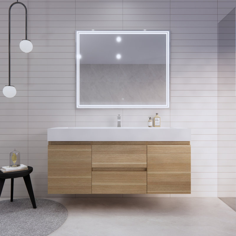 Ensemble de meuble-lavabo mural simple 59 po Babajide, Chêne blanc