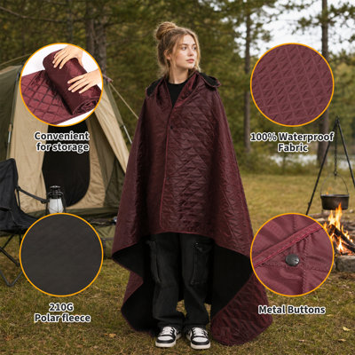 Couverture d'extérieur imperméable à capuchon, 200 x 140 cm ; tapis de pique-nique de style poncho, en polyester 210T et polaire douce, pliable, couleur marine, idéal pour les voyages.