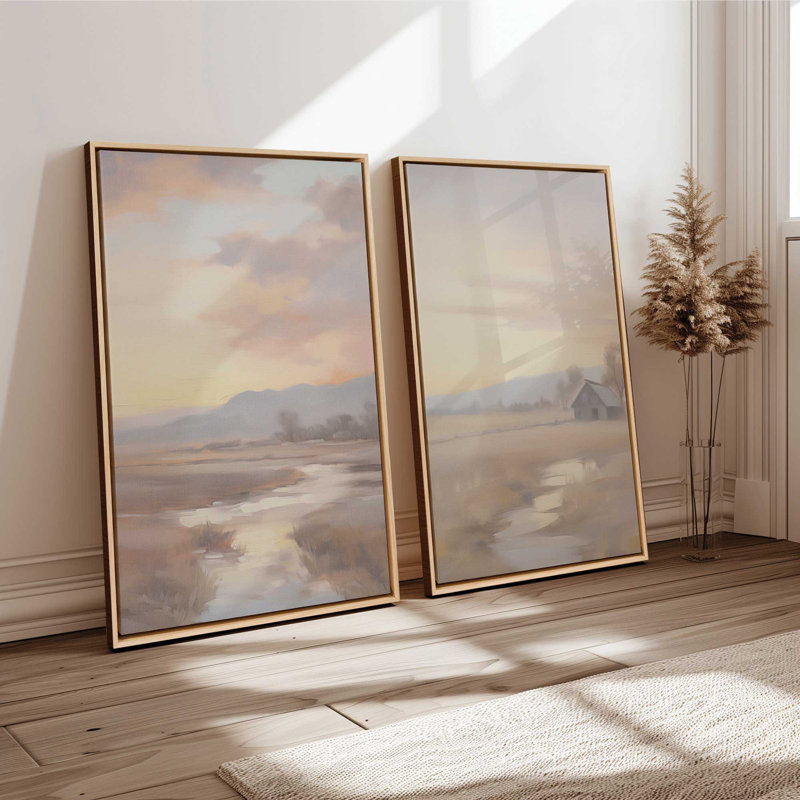 «Serene Sunset Over Fields», ensemble de 2, reproduction sur toile, Cadre blanc, H 18,75 po x l 12,75 po x P 1,75 po