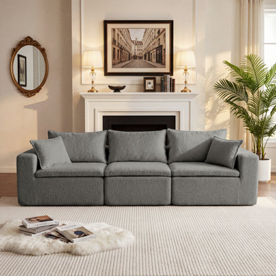 Modern 3-Seater Sofa Upholstered Couch Pocket Spring Support with Pocket Spring and 5 Pillows, No Assembly Roll-Pack Sofa for Living Room Beige/Black/Gray