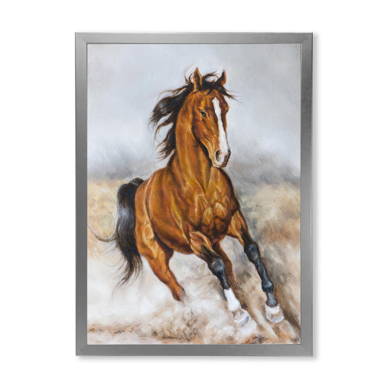 «Galpping Brown Horse on The Prairie», reproduction sur toile, H 32 po x l 16 po, Cadre photo argenté