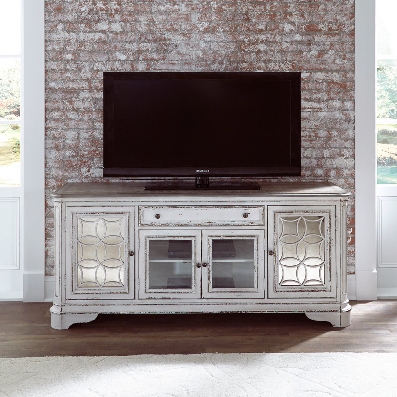 Console télé Casner 74 po avec portes à miroir, Blanc