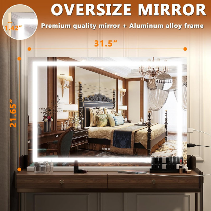 Miroir de maquillage carré 32 po x 22 po à DEL avec 3 modes de couleurs à intensité variable, commande à écran tactile, fixation murale ou de table, finition blanche