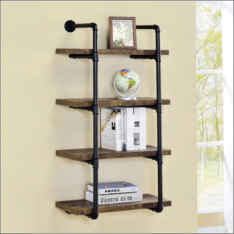 Black And Rustic Oak 4-Tier Wall Shelf, (4 Shelves) 46"H x 23.5"W x 11.5"D, Black/Brown