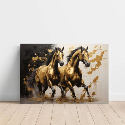 1Pc Framed Canvas Poster Print Two Steeds Galloping, Golden Horses, Abstract Expressionism Wall Art Decor, Perfect for Room Decor Living Room Bedroom Office Kitchen Bathroom Home Decor, Ideal Home Wall Decoration Gift