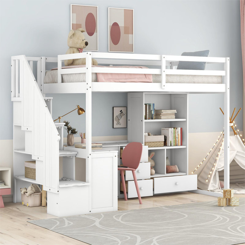 Gildo Kids Loft Bed with Drawers, White, Twin