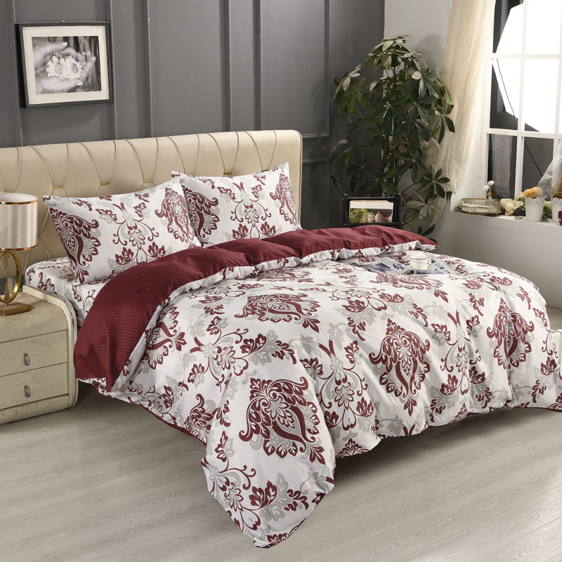 Bliss Complete Bedding Set Floral Burgundy Duvet Cover Fitted Sheet With Matching Pillow Case