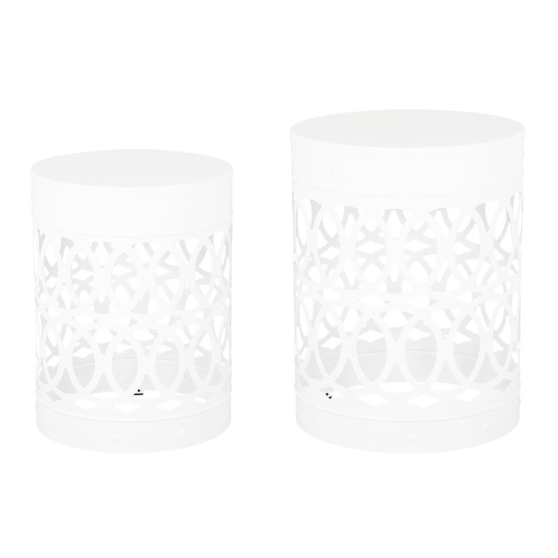 Outdoor Metal End Table Pair S/2, Modern Style, White Powder-Coated Iron, Iron Cut Design, No Assembly, 13.62W X 13.62D 17.88H & 12.00W 12.00D 16.00H Frame,
