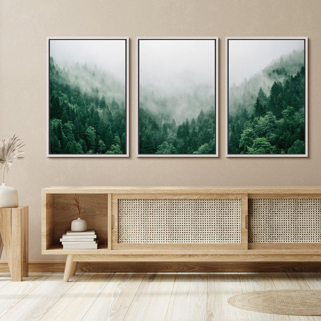 Misty Forest Landscape Vibrant Green Mountain Nature Pictures Framed Canvas 3 Pieces Print Wall Art IDEA4WALL 