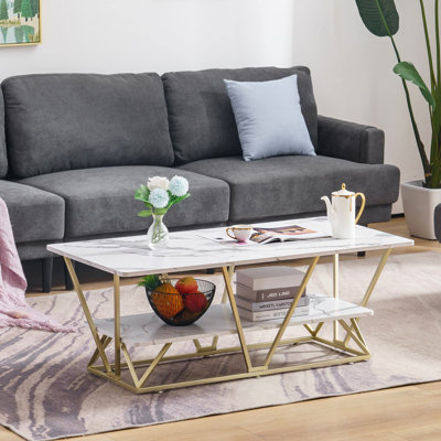 Table basse en faux marbre à 2 niveaux avec structure ouverte et structure géométrique