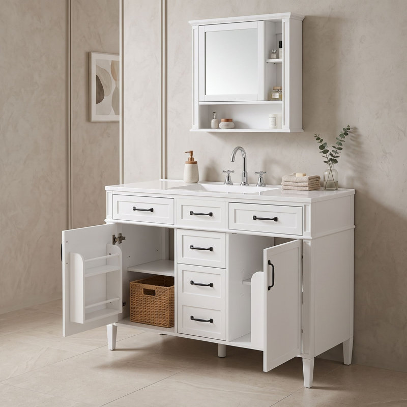 Meuble-lavabo autoportant contemporain avec comptoir en composite, tablettes réglables et portes à fermeture en douceur