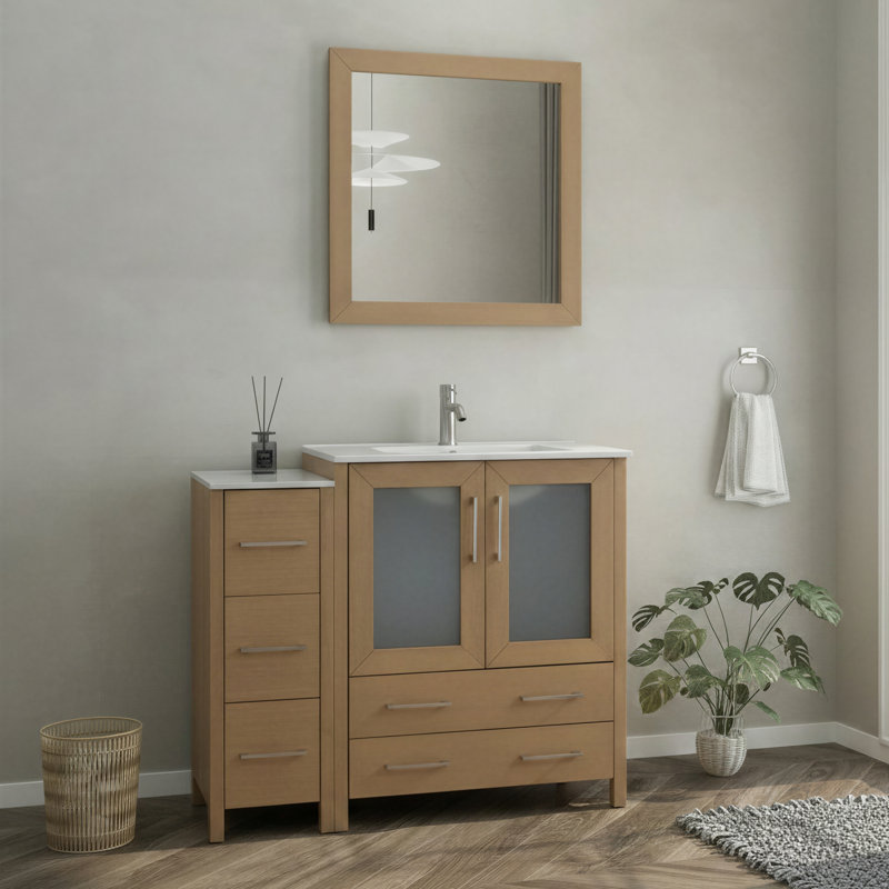 Meuble-lavabo simple 42 po avec plateau et miroir, Chêne naturel / nickel brossé
