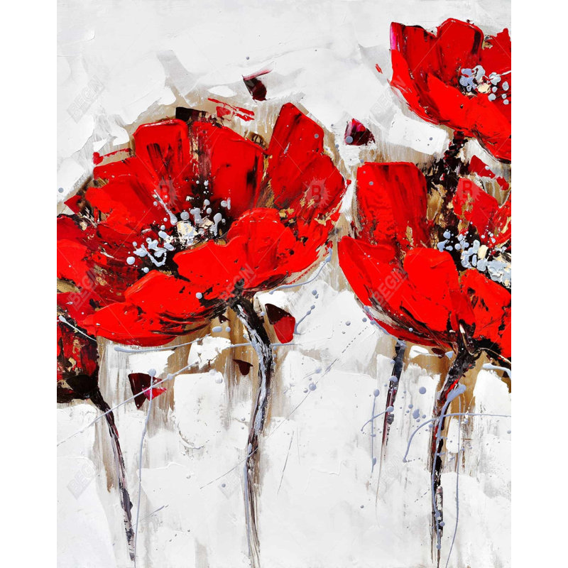 Red Poppies With Texture Print On Canvas