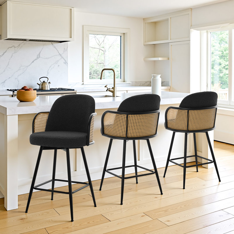 26" Mid-Century Modern Swivel Boucle Upholstered Cane Back Bar Stool with Metal Leg Frame, Black, 3