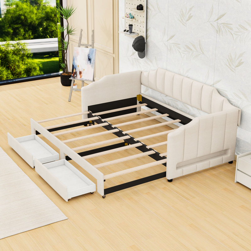 Lit de jour rembourré avec 2 tiroirs de rangement, lumières DEL et lit gigogne, Beige