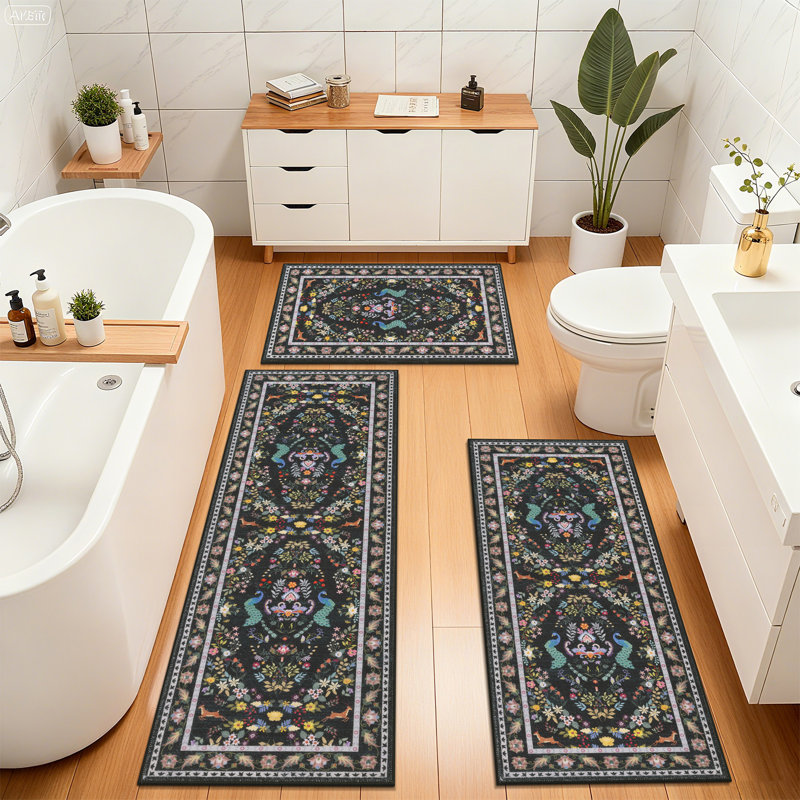 Machine Washable Non-Slip Kitchen Mat, Black/Green