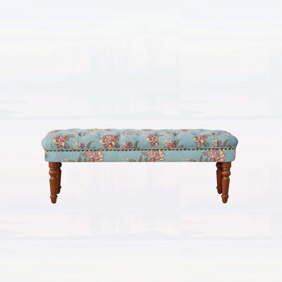 European Style Tufted Floral Bench with Turned Wood Legs, American Upholstered Ottoman for Bedroom & Primary Living Space
